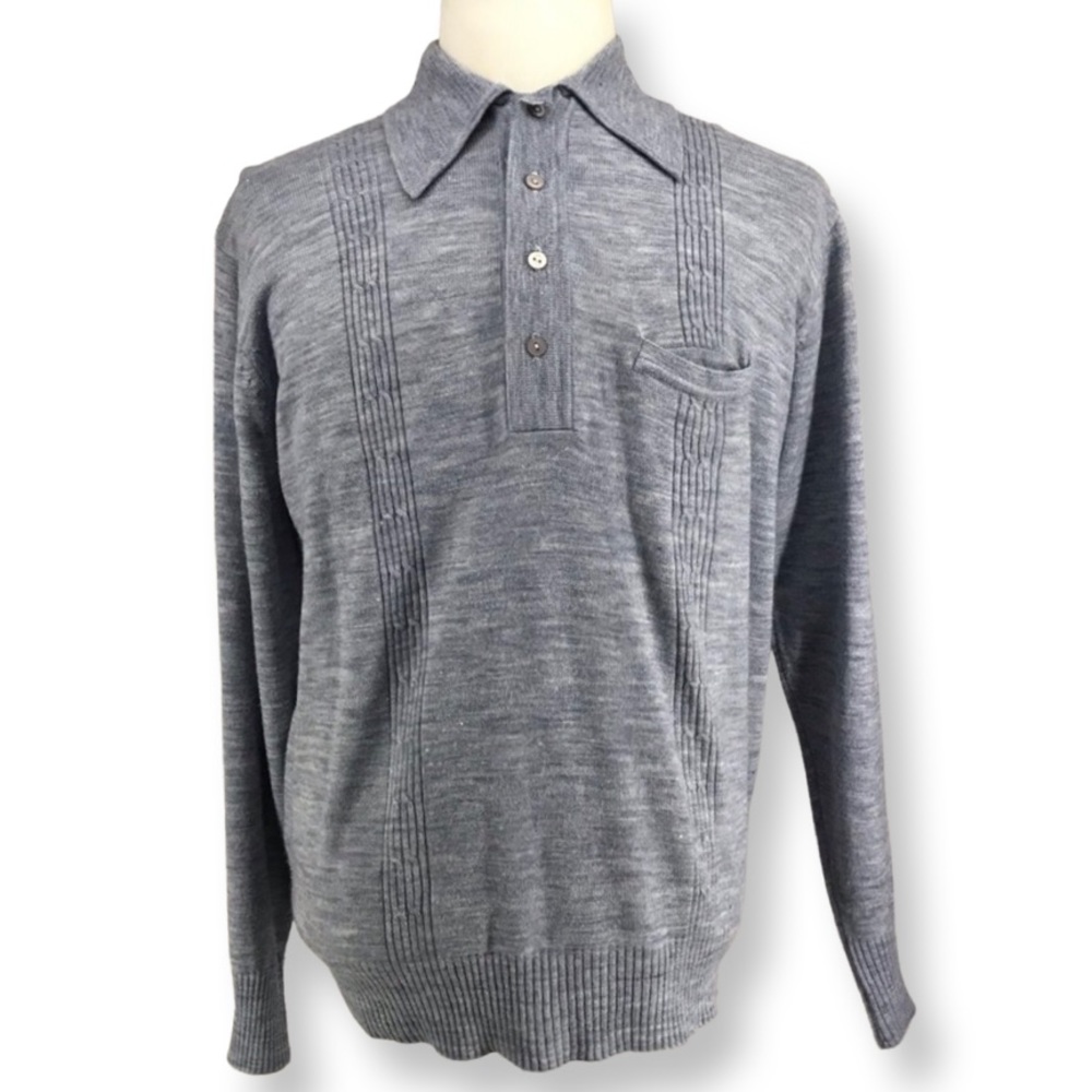 MISTER MAN ACRYLIC FLY COLLAR POCKET POLO LONG SLEEVE SHIRT BLUE SIZE L VTG